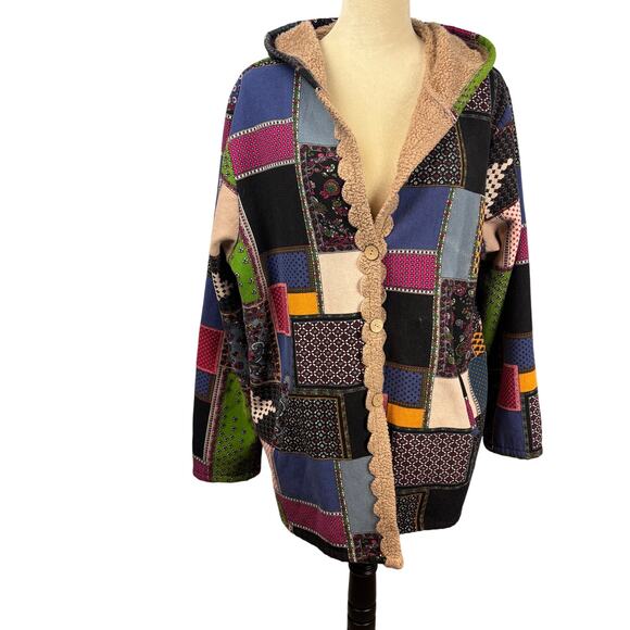 Boho Patchwork Jacket 2XL Oversized Button Front Cozy Lined Cottagecore Retro - Picture 1 of 11